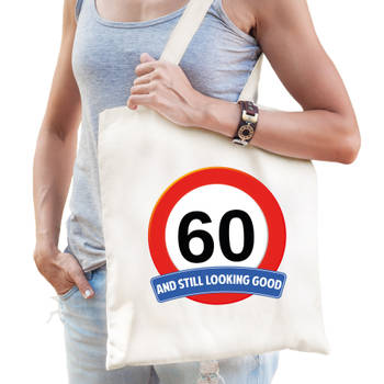 Verkeersbord / stopbord 60/zestig katoenen cadeau tas wit voor dames en heren - Feest Boodschappentassen