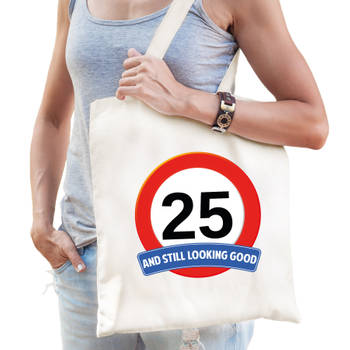 Verkeersbord / stopbord 25/vijfentwintig katoenen cadeau tas wit voor dames en heren - Feest Boodschappentassen
