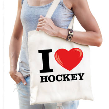 Katoenen tasje I love hockey wit voor dames en heren - Feest Boodschappentassen