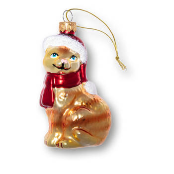 Kerstbal Rode kat met kerstmuts, glas