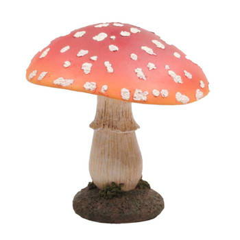 Decoratie huis/tuin beeldje paddenstoel - vliegenzwam - rood/wit - 17 x 21 cm - Tuinbeelden