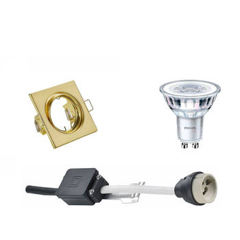 LED Spot Set - GU10 Fitting - Inbouw Vierkant - Mat Goud - Kantelbaar 80mm - Philips - CorePro 830 36D - 3.5W - Warm Wit