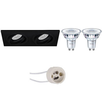 LED Spot Set - Pragmi Borny Pro - GU10 Fitting - Inbouw Rechthoek Dubbel - Mat Zwart - Kantelbaar - 175x92mm - Philips -