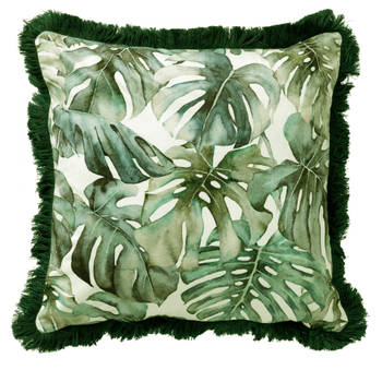 Dutch Decor - FAUNA - Sierkussen velvet 45x45 cm - botanische print - franjes - Chive - groen