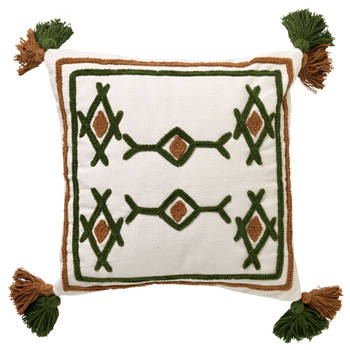 Dutch Decor - ZITA - Sierkussen katoen 45x45 cm - Chive - groen / wit / bruin - Kussen met flosjes