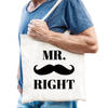 Mr. Right tasje wit met snor heren - Feest Boodschappentassen