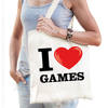 Katoenen tasje I love games wit voor dames en heren - Feest Boodschappentassen