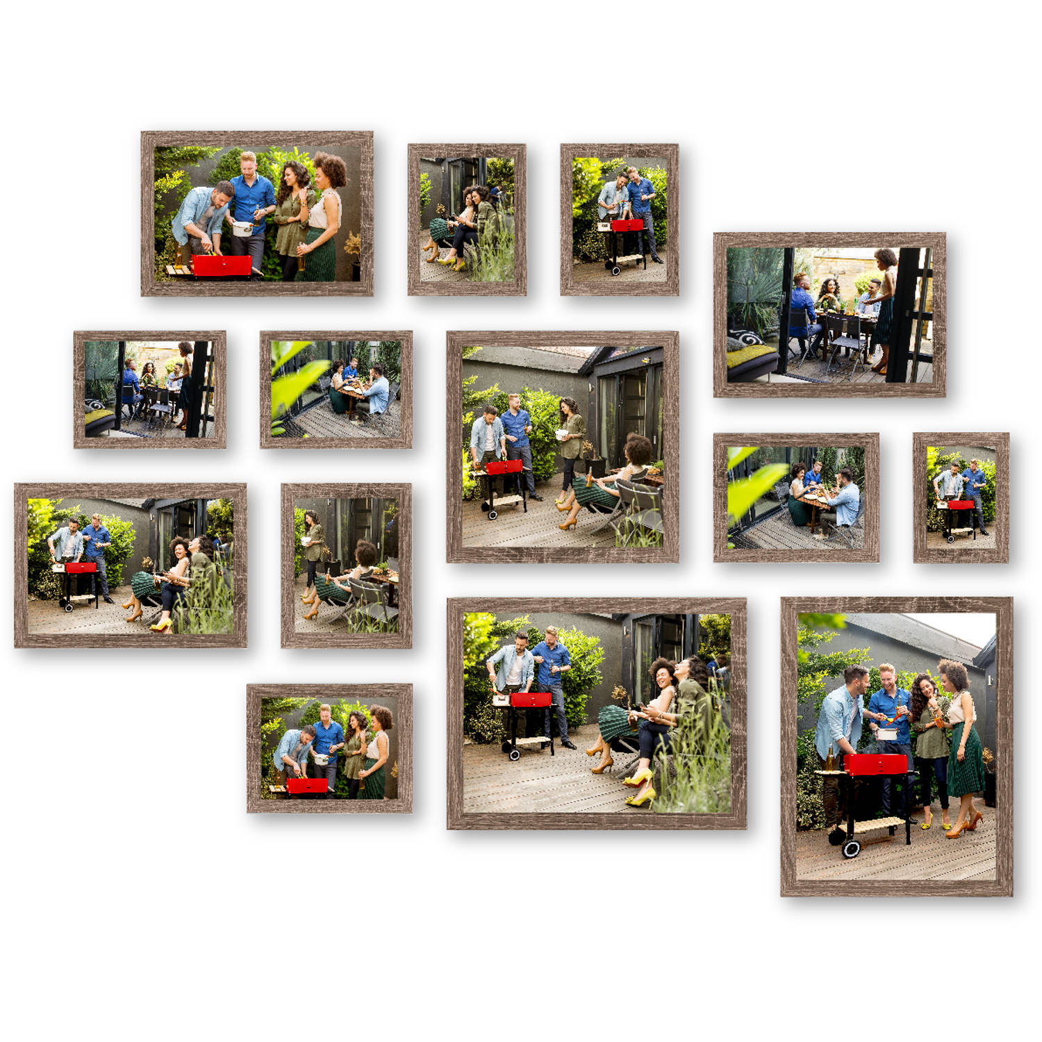 HAES DECO - Collage set met 14 houten fotolijsten Paris bruin voor foto's formaat 10x15, 13x18, 15x20, 20x30, 30x30 en 30x40 - SP001905-14
