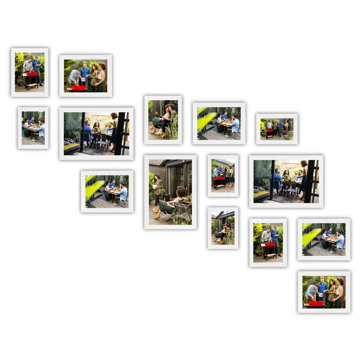 HAES DECO - Collage set met 15 houten fotolijsten Paris wit voor foto's formaat 10x15, 13x18, 15x20 en 20x30 - SP001903-15