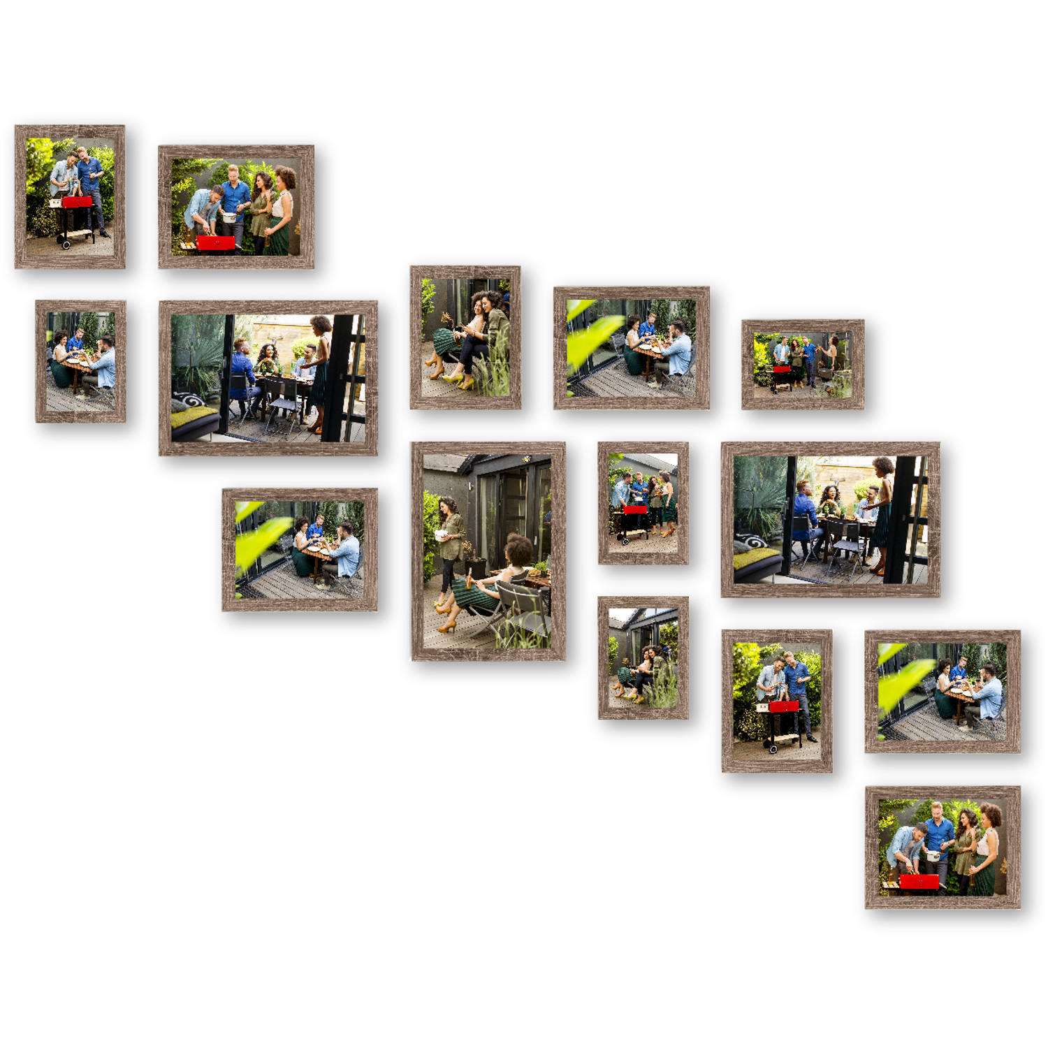 HAES DECO - Collage set met 15 houten fotolijsten Paris bruin voor foto's formaat 10x15, 13x18, 15x20 en 20x30 - SP001905-15