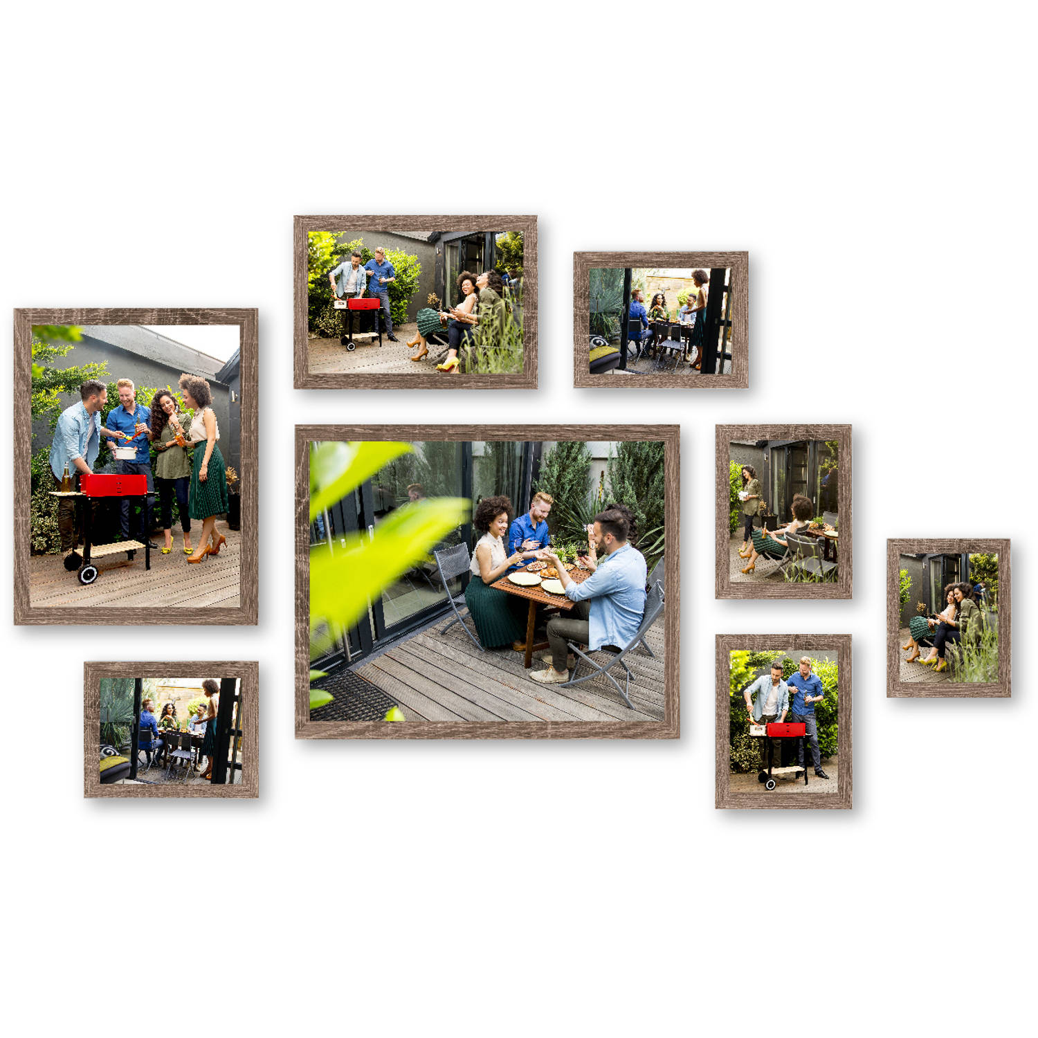 HAES DECO - Collage set met 8 houten fotolijsten Paris bruin voor foto's formaat 13x18, 15x20, 20x30, 30x40 en 40x50 - SP001905-8