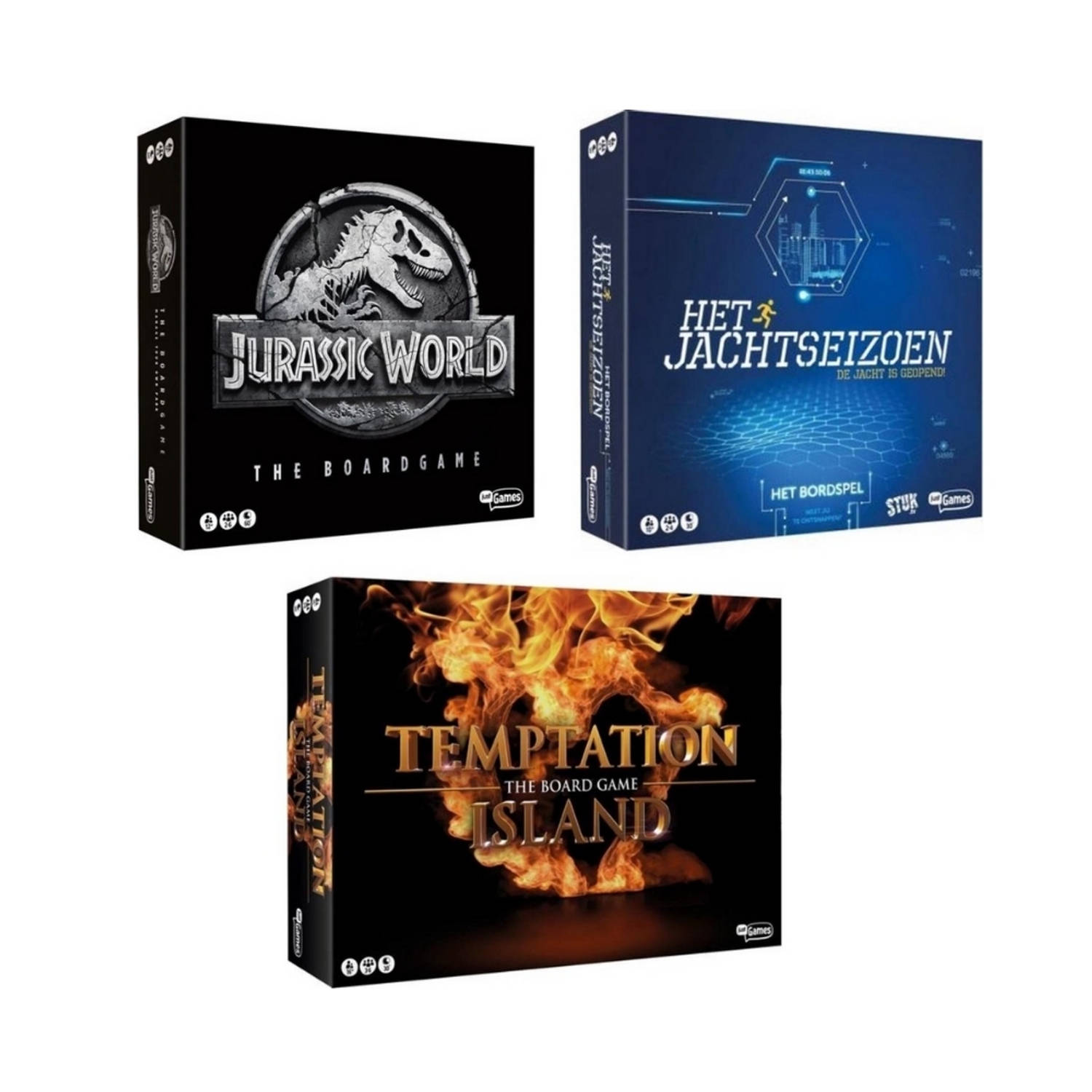 Spellenbundel - 3 Stuks - Jurassic World the boardgame & Het Jachtseizoen & Temptation Island