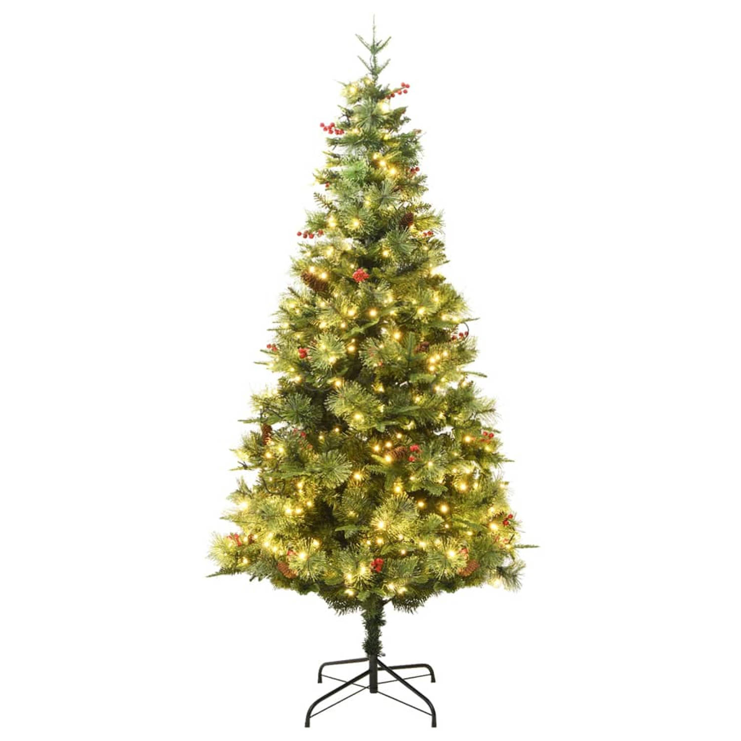 The Living Store Kerstboom met LED's en dennenappels 195 cm PVC en PE groen - Decoratieve kerstboom