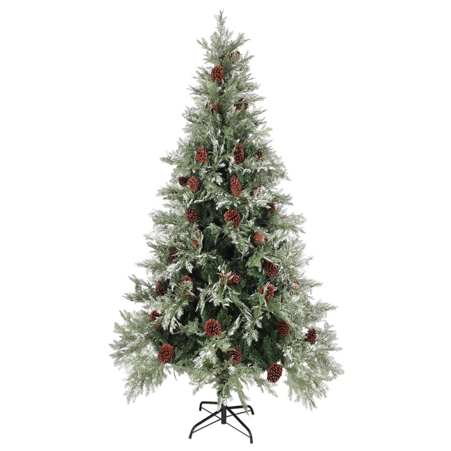 The Living Store Kerstboom met LED's en dennenappels 225 cm PVC en PE groen wit - Decoratieve kerstboom