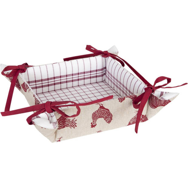 Clayre & Eef - Broodmand - Landelijk - geruit - Kippen & Hanen - Country Side Chicken - 20 x 20 x 8 cm - Beige / Rood