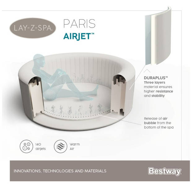 Bestway - Jacuzzi - Lay-Z-Spa - Paris AirJet - Opblaasbaar - Bubbelbad - Incl. Toebehoren - Ø196cm