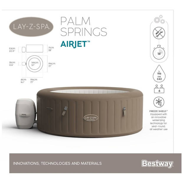 Bestway - Jacuzzi - Lay-Z-Spa - Palm Springs AirJet - Opblaasbaar - Bubbelbad - Incl. Toebehoren - Ø196cm