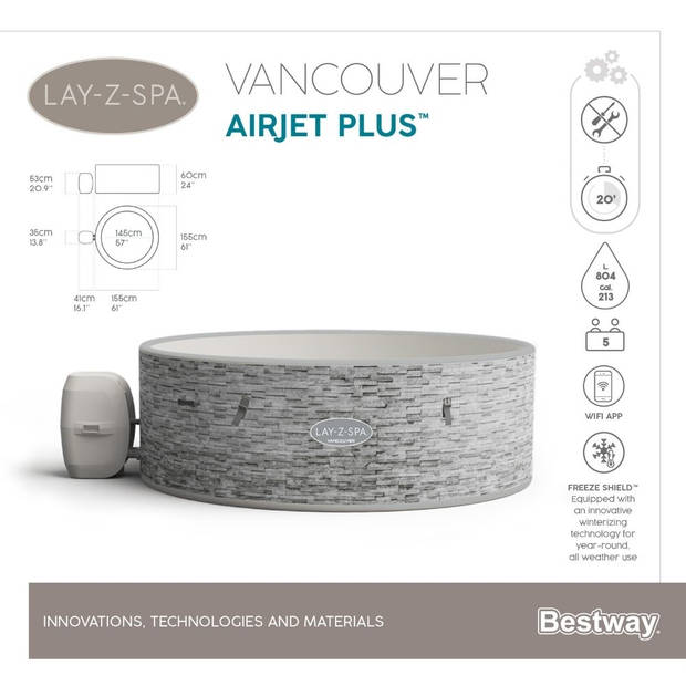 Bestway - Jacuzzi - Lay-Z-Spa - Vancouver Plus - Opblaasbaar - Bubbelbad - Incl. Toebehoren - Ø155cm