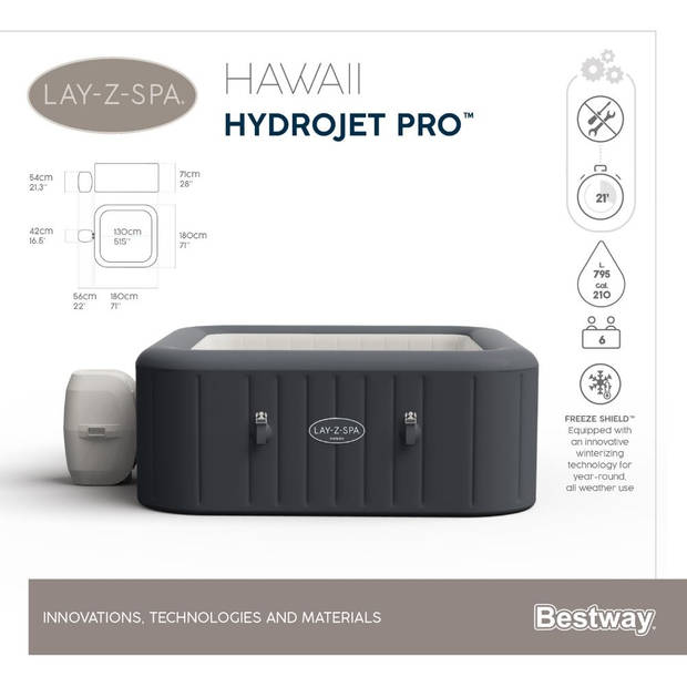 Bestway - Jacuzzi - Lay-Z-Spa - Hawaii HydroJet Pro - Opblaasbaar - Bubbelbad - Incl. Toebehoren - 180cm x 180cm x 71cm