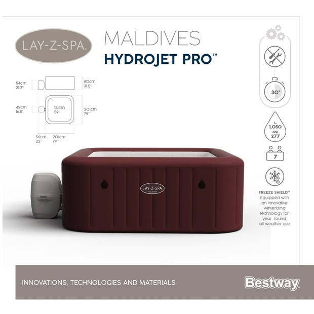 Bestway - Jacuzzi - Lay-Z-Spa - Maldives HydroJet Pro - Opblaasbaar - Bubbelbad - Incl. Toebehoren - 201 x 201 x 80 cm