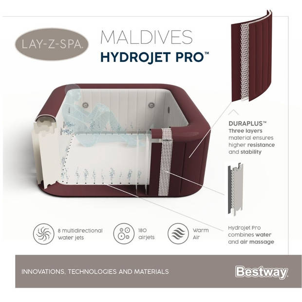 Bestway - Jacuzzi - Lay-Z-Spa - Maldives HydroJet Pro - Opblaasbaar - Bubbelbad - Incl. Toebehoren - 201 x 201 x 80 cm