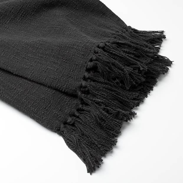 Dutch Decor - JUNE - Plaid 140x180 cm - deken van geweven katoen met franjes - Raven - zwart