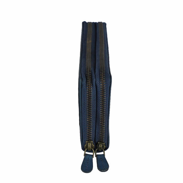HillBurry Dames Portemonnee met Dubbele Rits - RFID - Premium Zip Around Vrouwen Portefeuille - Vintage Leer - Blauw