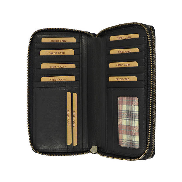 HillBurry Dames Portemonnee met Dubbele Rits - RFID - Premium Zip Around Vrouwen Portefeuille - Vintage Leer - Zwart