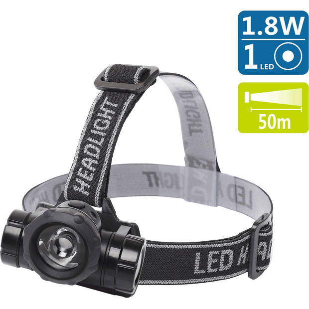 LED Hoofdlamp - Aigi Buvin - Waterdicht - 50 Meter - Kantelbaar - 1 LED - 1.8W - Zwart Vervangt 10W