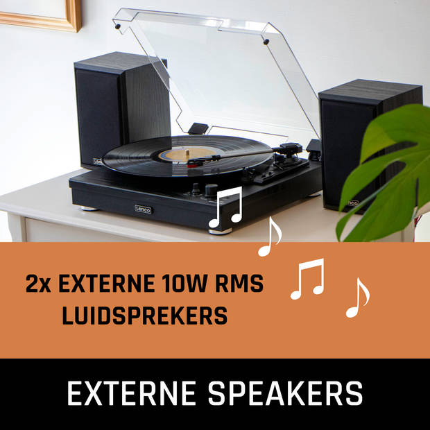 Houten platenspeler met Bluetooth®, 2 externe speakers Lenco Zwart