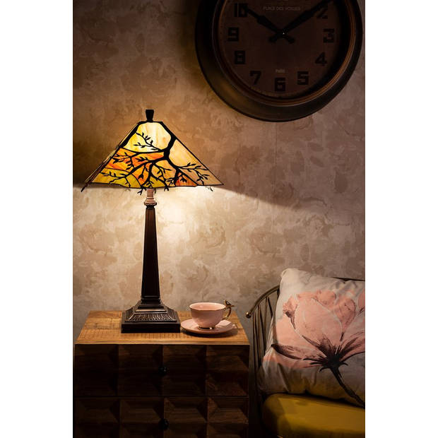 HAES DECO - Tiffany Tafellamp Beige, Bruin, Groen Ø 36x57 cm Fitting E27 / Lamp max 2x60W