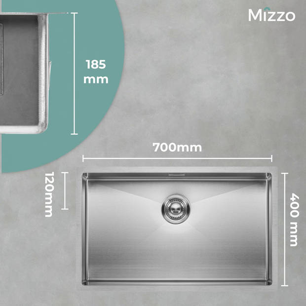 RVS Spoelbak Mizzo Linea 70-40 - Wasbak Keuken - Grote Gootsteen - Vanaf 80cm kast - Onderbouw, Vlakbouw of Opbouw