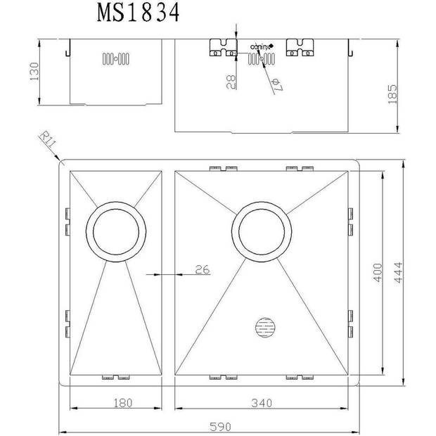 Anderhalve Spoelbak Keuken 59 cm Onderbouw / Vlakbouw - 1.5 Spoelunit - Moderne Keuken Spoelbak MIZZO Quadro - RVS