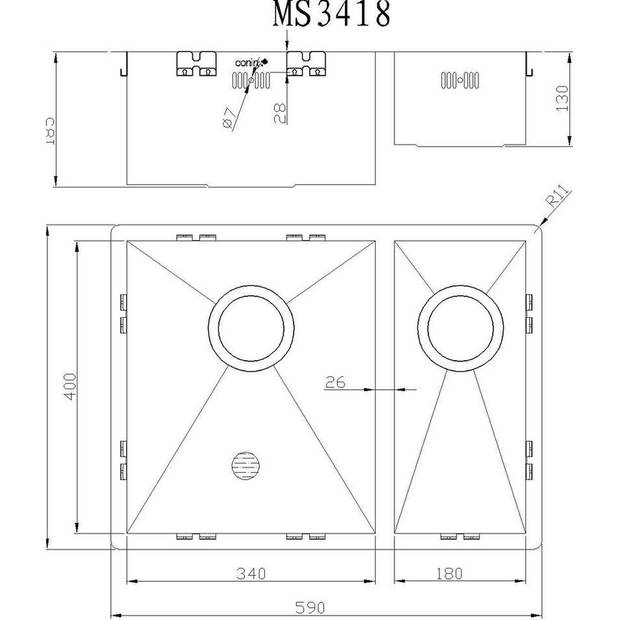 Anderhalve keukenspoelbak RVS MIZZO Quadro 3418 Inleg / onderbouw - dubbele wastafel roestvrijstalen spoelbak - 590x 444