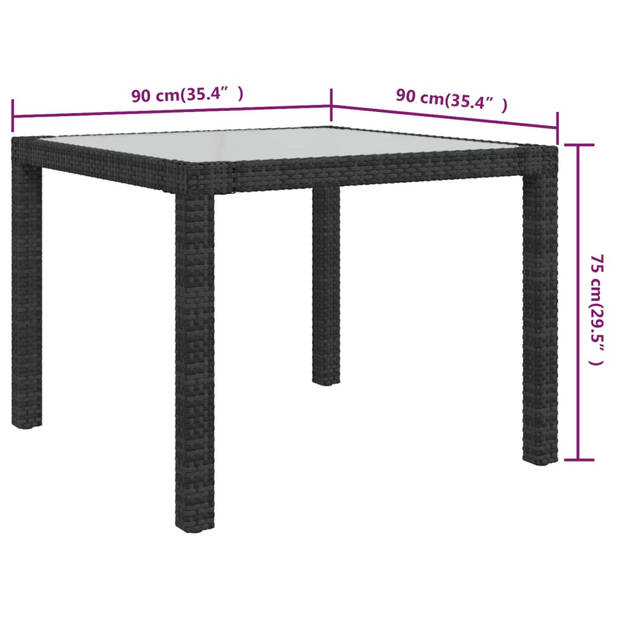 vidaXL Tuintafel 90x90x75 cm gehard glas en poly rattan zwart