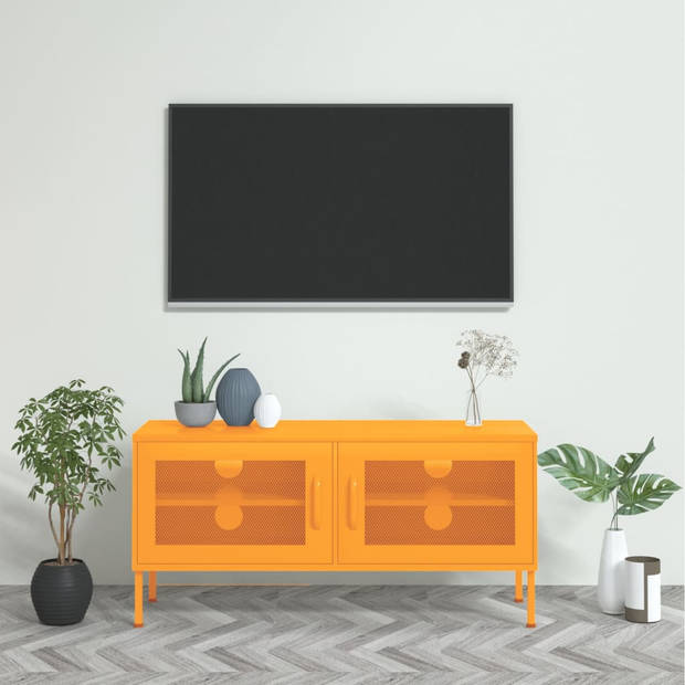 The Living Store TV-meubel - Staal - 105 x 35 x 50 cm - Mosterdgeel - 2 gaasdeuren - 1 schap - Draagvermogen 100 kg