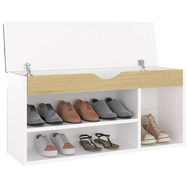 The Living Store Schoenenbank en kussen 104x30x49 cm spaanplaat wit sonoma eiken - Schoenenkast