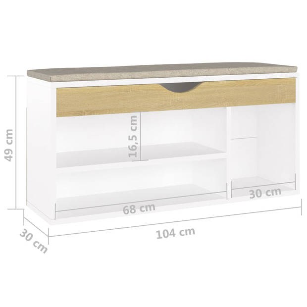 The Living Store Schoenenbank en kussen 104x30x49 cm spaanplaat wit sonoma eiken - Schoenenkast