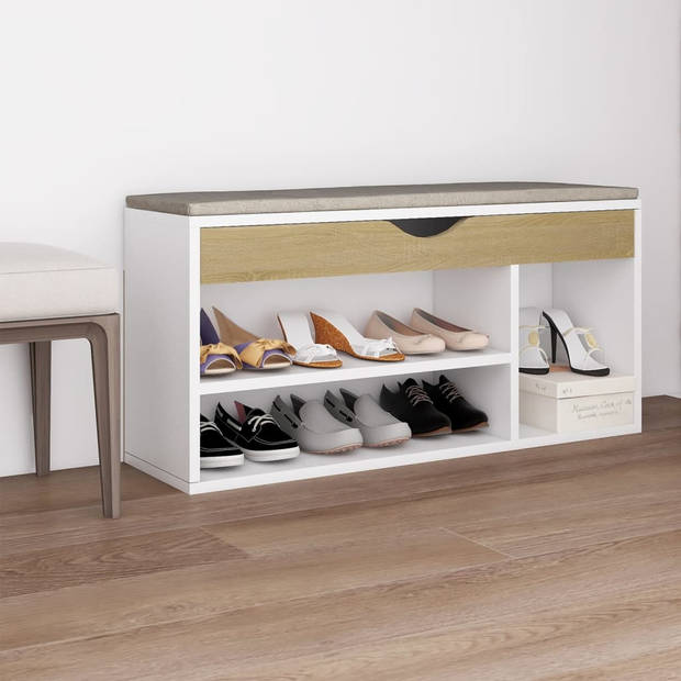 The Living Store Schoenenbank en kussen 104x30x49 cm spaanplaat wit sonoma eiken - Schoenenkast