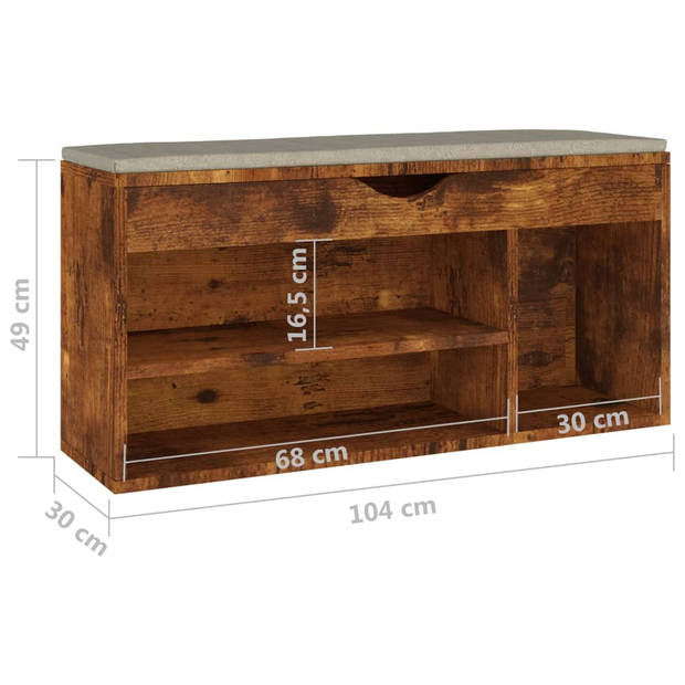 The Living Store Schoenenbank Gerookt Eiken - 104 x 30 x 49 cm - Praktische Schoenenopberger met Kussen