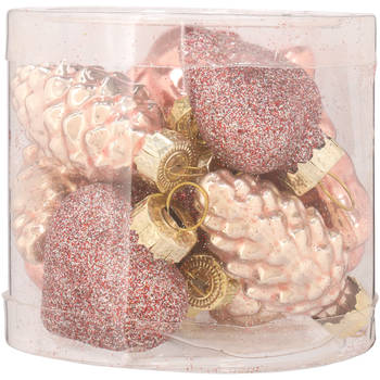 Kerst ornamenten roze set/12st, dennenappel, ster, hart, glas, boomornament