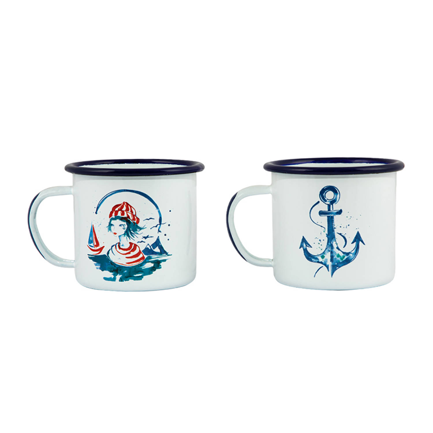 Anemoss Sailor Girl and Anchor Enamel Mugs Set Pack of 2