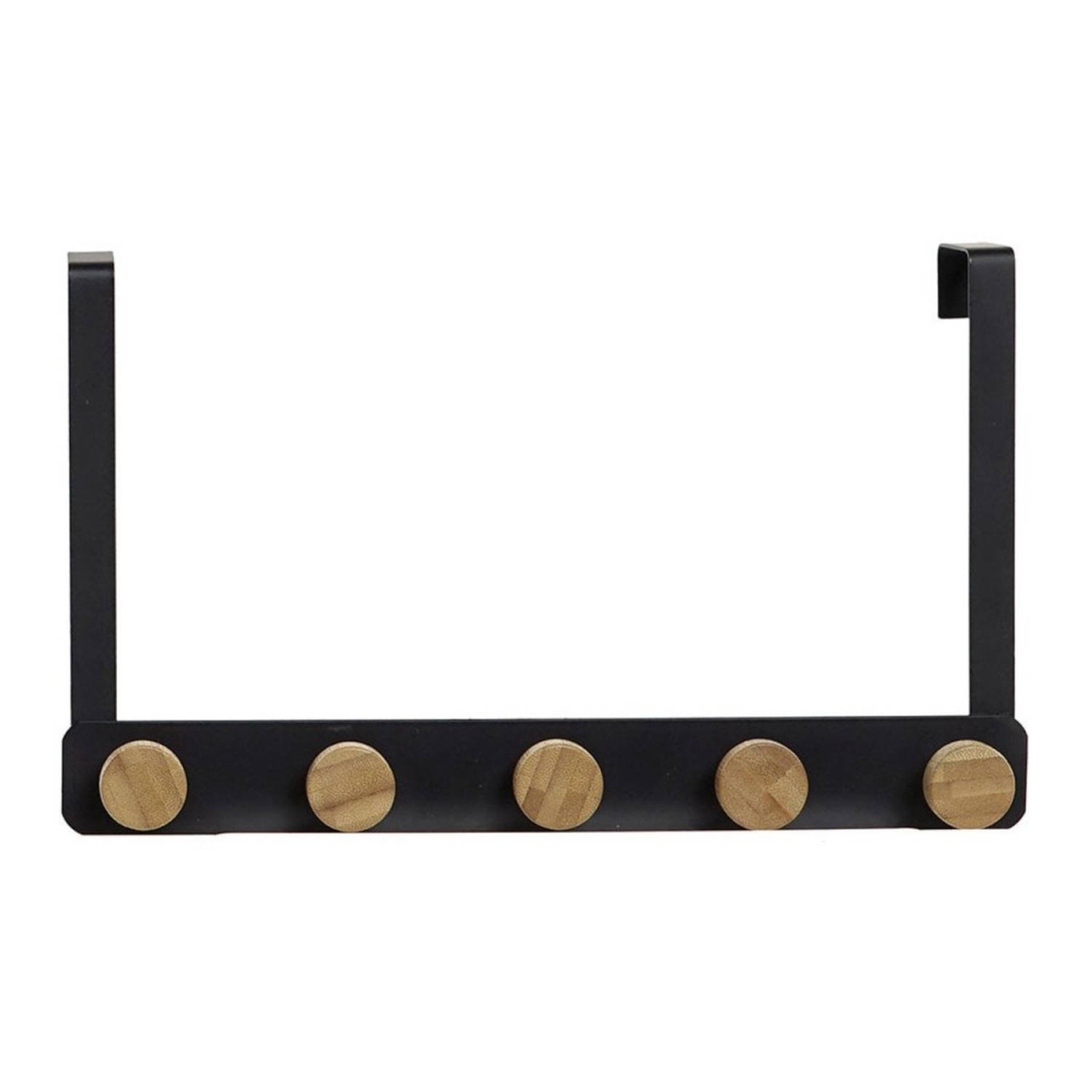 Metalen deurkapstok/rek zwart met 5 ophangknoppen van hout 33 cm - Kapstokken
