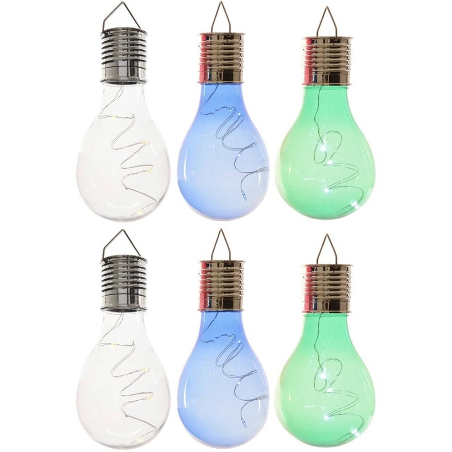6x Buitenlampen/tuinlampen lampbolletjes/peertjes 14 cm transparant/blauw/groen - Buitenverlichting