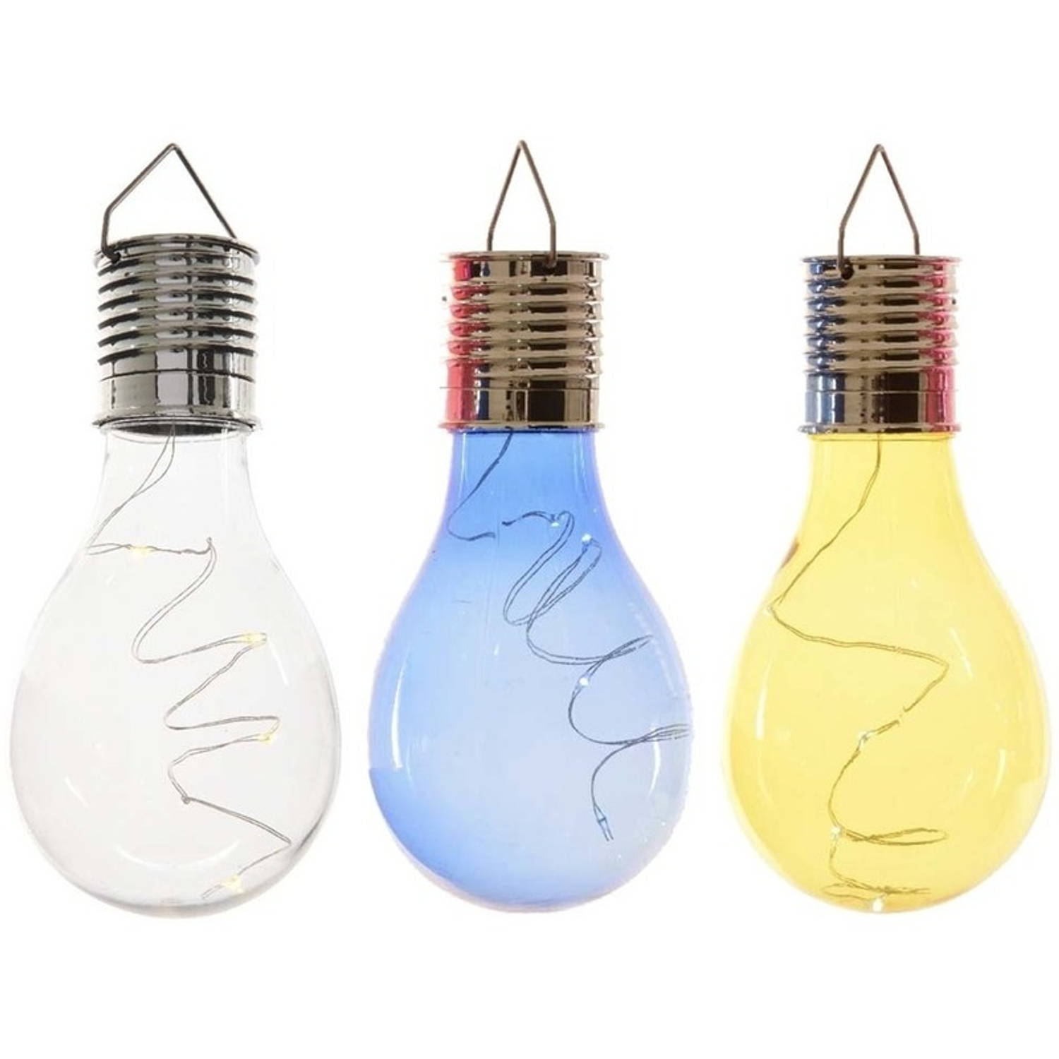 3x Buitenlampen/tuinlampen lampbolletjes/peertjes 14 cm transparant/blauw/geel - Buitenverlichting