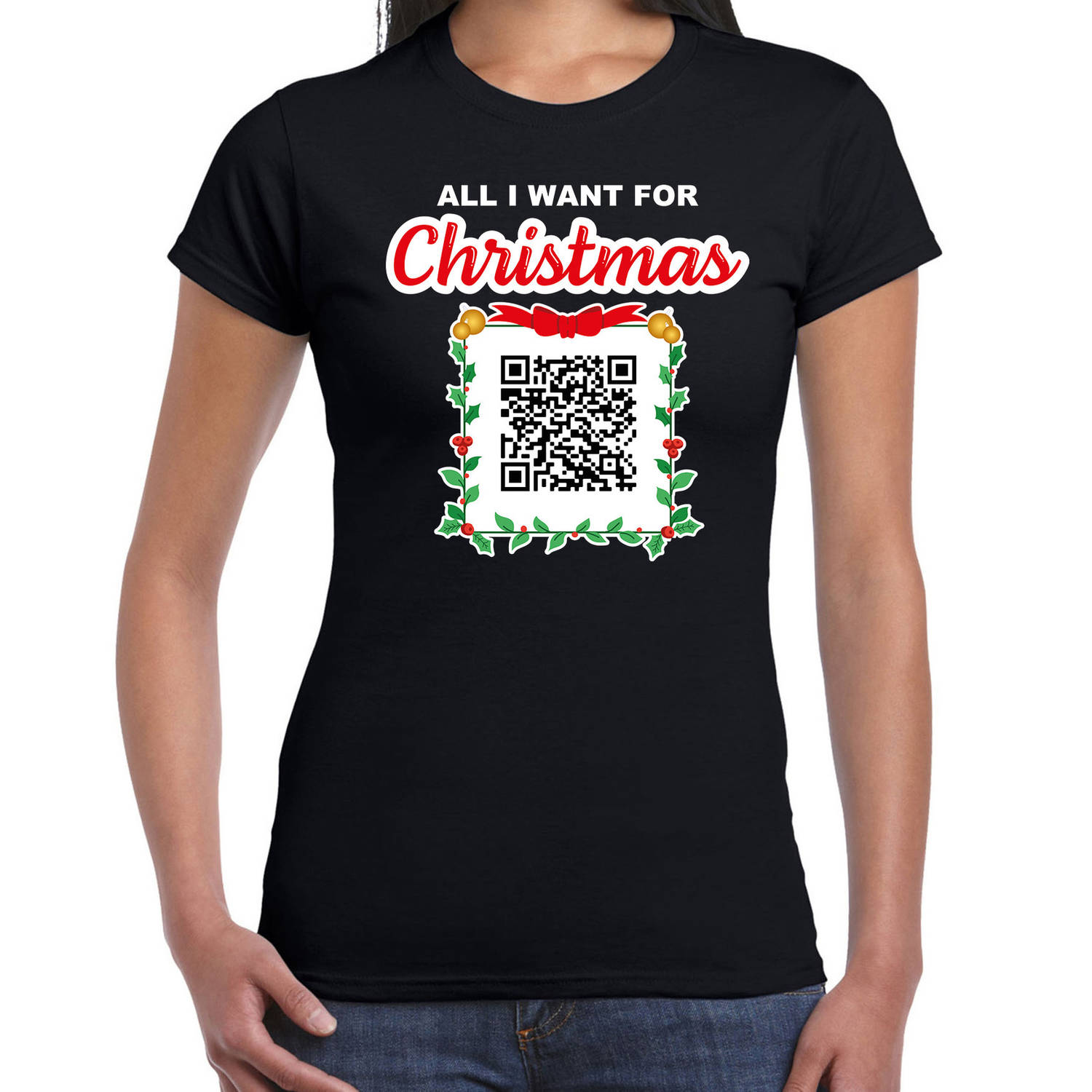 Kerst QR code kerstshirt Alleen maar zuipen dames zwart - Fout kerst t-shirt XS - kerst t-shirts