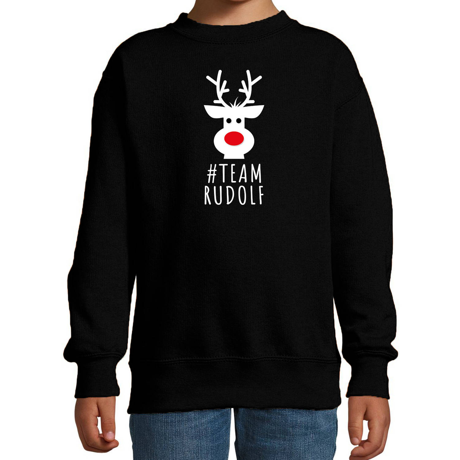 Bellatio Decorations kersttrui/sweater voor kinderen - team Rudolf - zwart 3-4 jaar (98/104) - kerst truien kind
