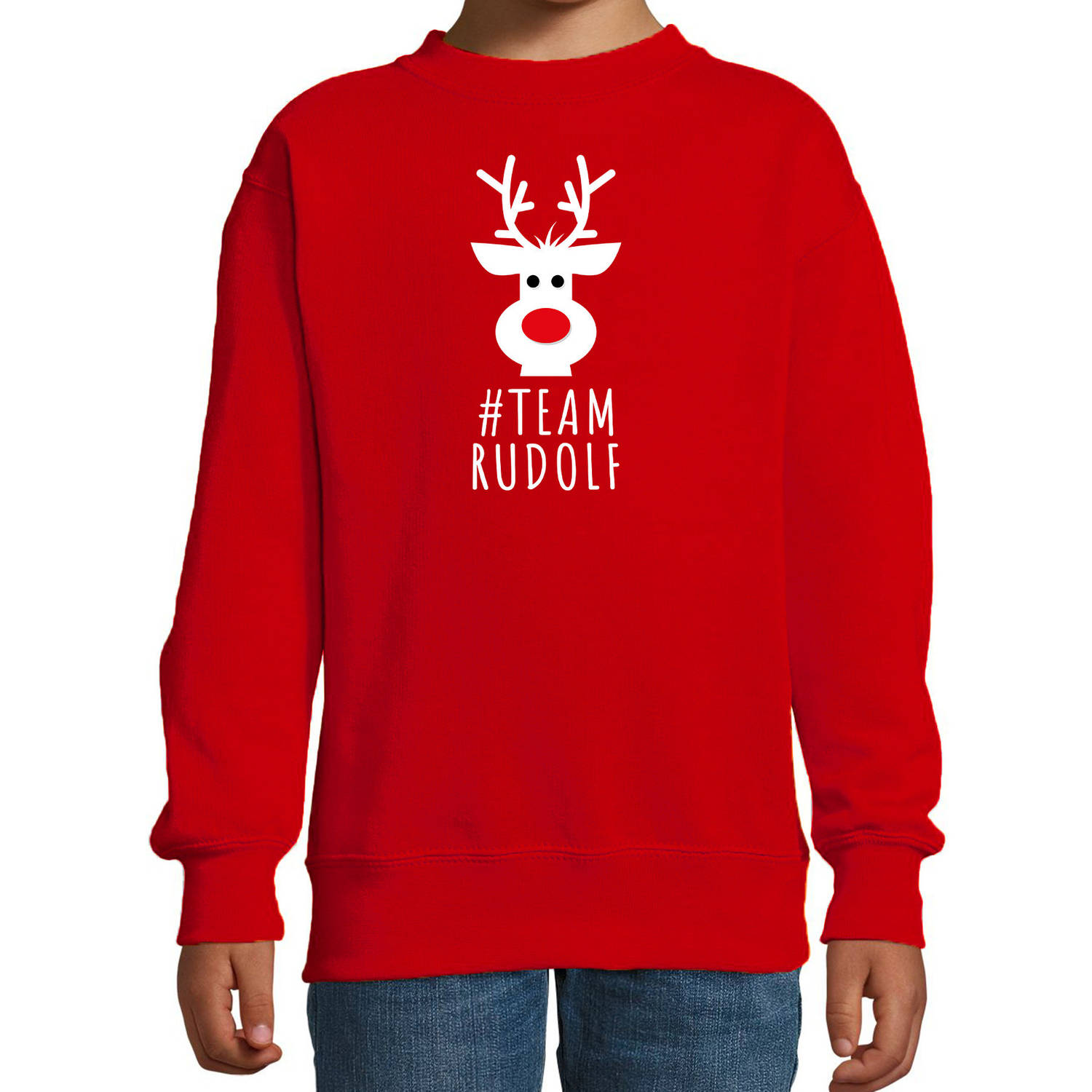 Bellatio Decorations kersttrui/sweater voor kinderen - team Rudolf - rood 7-8 jaar (122/128) - kerst truien kind