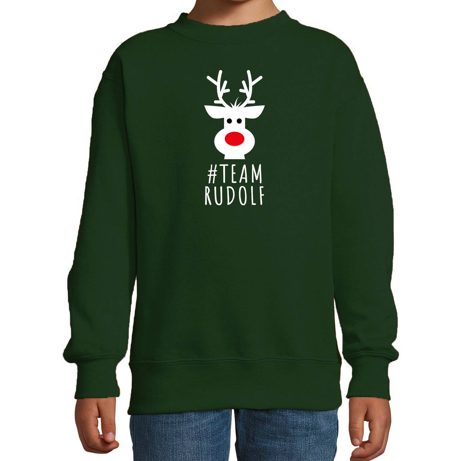 Bellatio Decorations kersttrui/sweater voor kinderen - team Rudolf - groen 5-6 jaar (110/116) - kerst truien kind