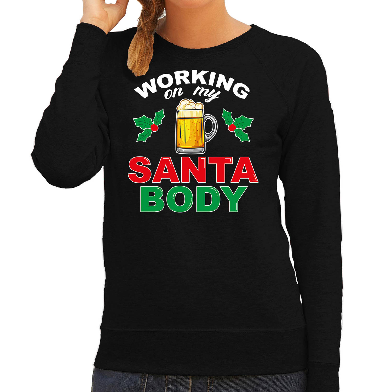 Santa body foute Kerstsweater / Kersttrui zwart voor dames L - kerst truien